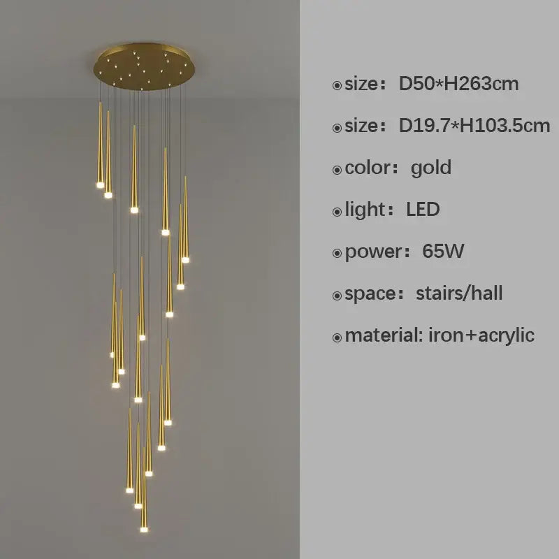 Gold-colored decorbites led staircase chandelier with slender acrylic rods and iron circular base for modern luxury interiors