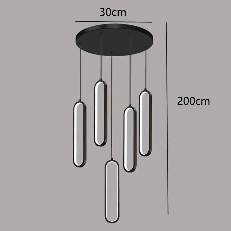 Modern black pendant lights with five elongated led fixtures from decorbites led staircase chandeliers collection
