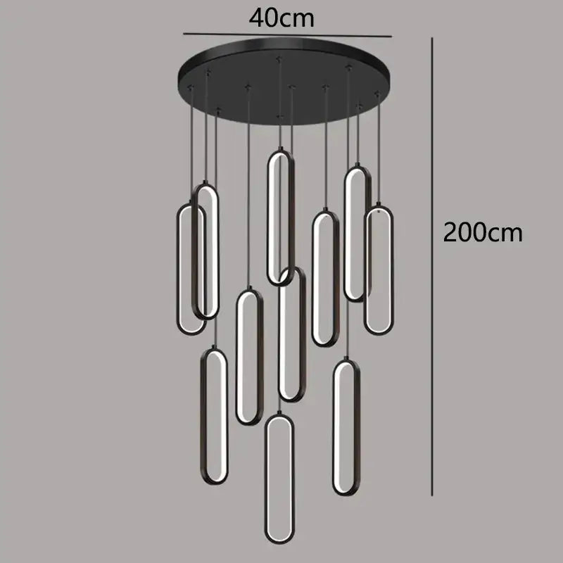 Modern black circular decorbites led staircase pendant light with multiple hanging rectangular led staircase chandeliers bars