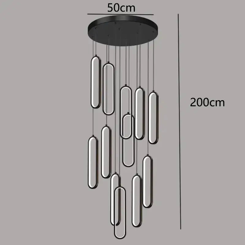 Modern black circular decorbites led staircase chandelier with multiple hanging cylindrical led pendant lights for living room