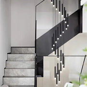 Modern black cylindrical decorbites led staircase chandeliers with glowing white led bulbs for living room decor