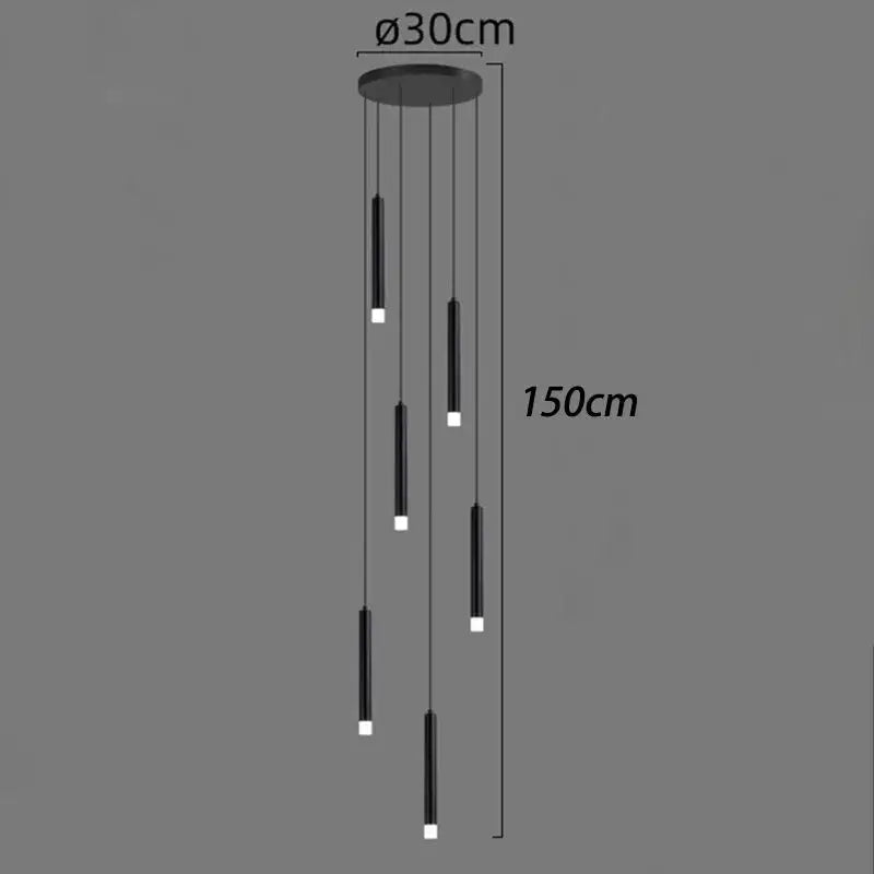 Black cylindrical DecorBites led staircase chandelier with five hanging lights for modern living room decor