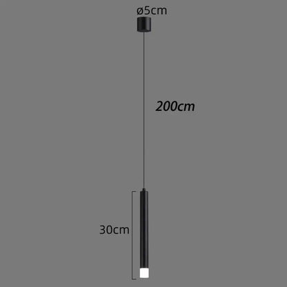 Black cylindrical decorbites led staircase pendant light with 5cm top cap and 30cm illuminated body for living room decor