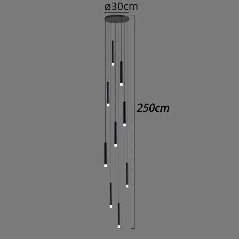 Black cylindrical decorbites led staircase chandelier with 10 vertical lights for modern living room decor