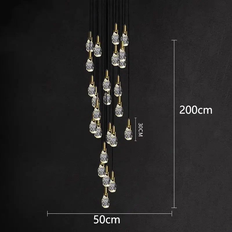 Elegant decorbites led staircase pendant light with crystal chandelier, gold fixtures, black cords, 200cm height for indoor use