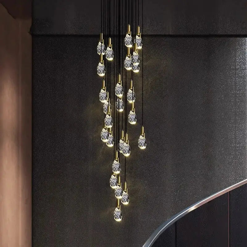 Decorbites led staircase pendant light featuring cascading crystal pendants with gold-toned fixtures for indoor use