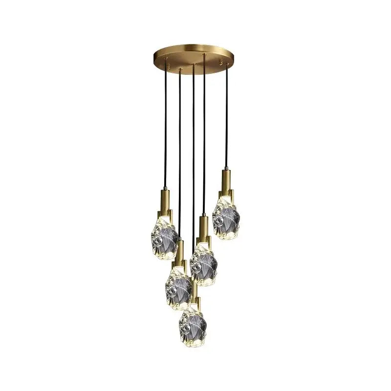 Brass-finished decorbites led staircase pendant light with five faceted crystal glass lights for modern indoor use
