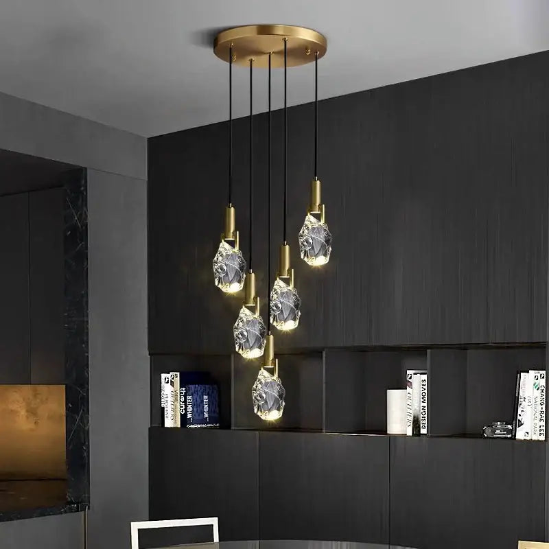 Modern five-light pendant light with gold metal fixtures and crystal shades for decorbites led staircase chandeliers