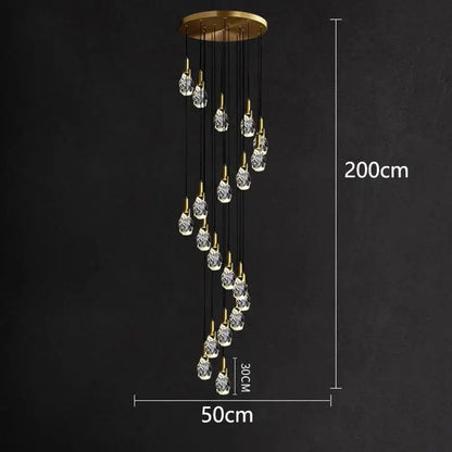 A 200cm decorbites led staircase pendant light with gold circular mount and clear crystal teardrop chandeliers