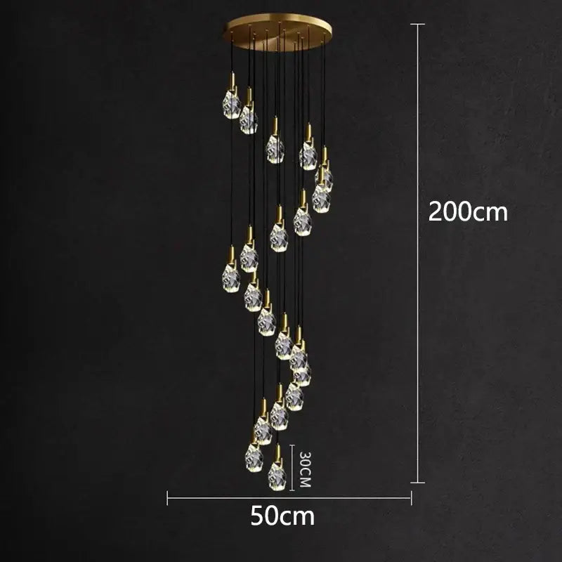 A 200cm decorbites led staircase pendant light with gold circular mount and clear crystal teardrop chandeliers