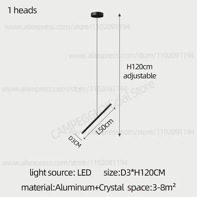 Black decorbites led staircase pendant chandelier with minimalist aluminum rod and crystal accent, adjustable to 120cm height