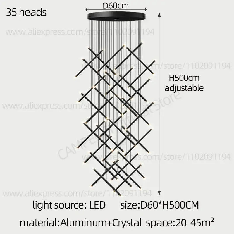 Black DecorBites LED staircase pendant chandelier with 35 led lights in geometric aluminum and crystal design