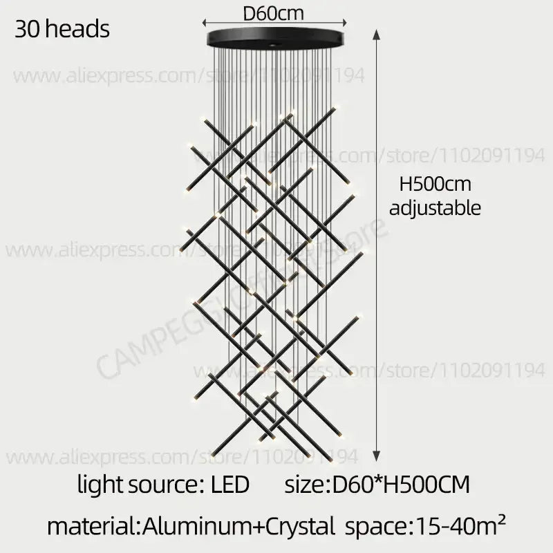 Black modern decorbites led staircase pendant chandelier with 30 led lights, aluminum rods, and crystal accents for restaurants