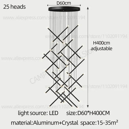 Black modern aluminum and crystal decorbites led staircase pendant chandelier with 25 led light heads in geometric pattern