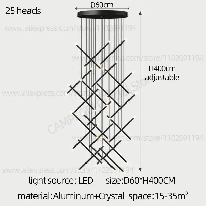 Black modern aluminum and crystal decorbites led staircase pendant chandelier with 25 led light heads in geometric pattern