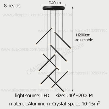 Black modern decorbites led staircase pendant chandelier with eight angled arms and crystal accents for staircases