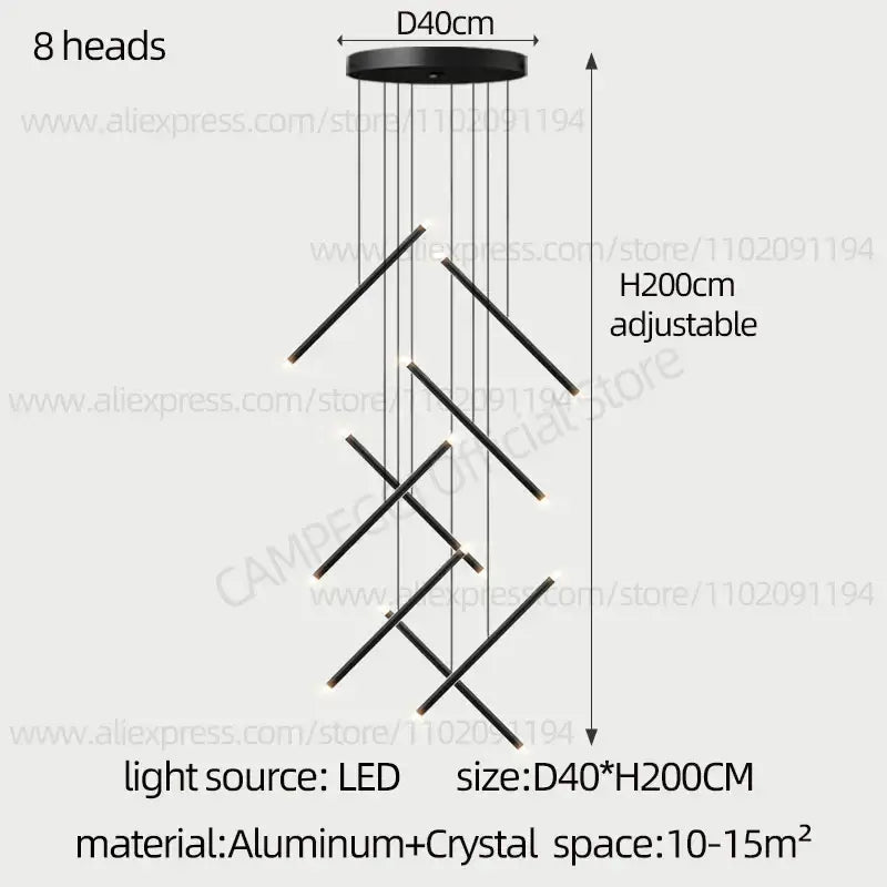 Black modern decorbites led staircase pendant chandelier with eight angled arms and crystal accents for staircases