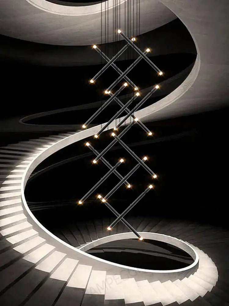 Modern black metal decorbites led staircase pendant chandelier with intersecting rods and warm glowing lights for restaurants