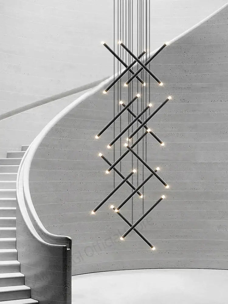 Black cylindrical decorbites led staircase pendant chandelier with intersecting rods and warm led lights for modern use