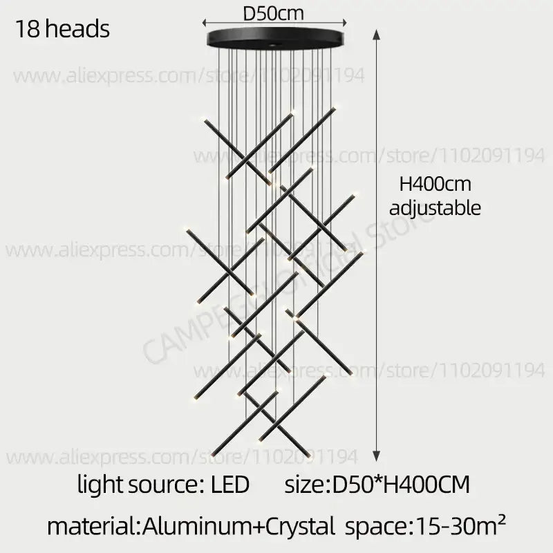 Black modern decorbites led staircase pendant chandelier with 18 led heads in geometric aluminum and crystal design