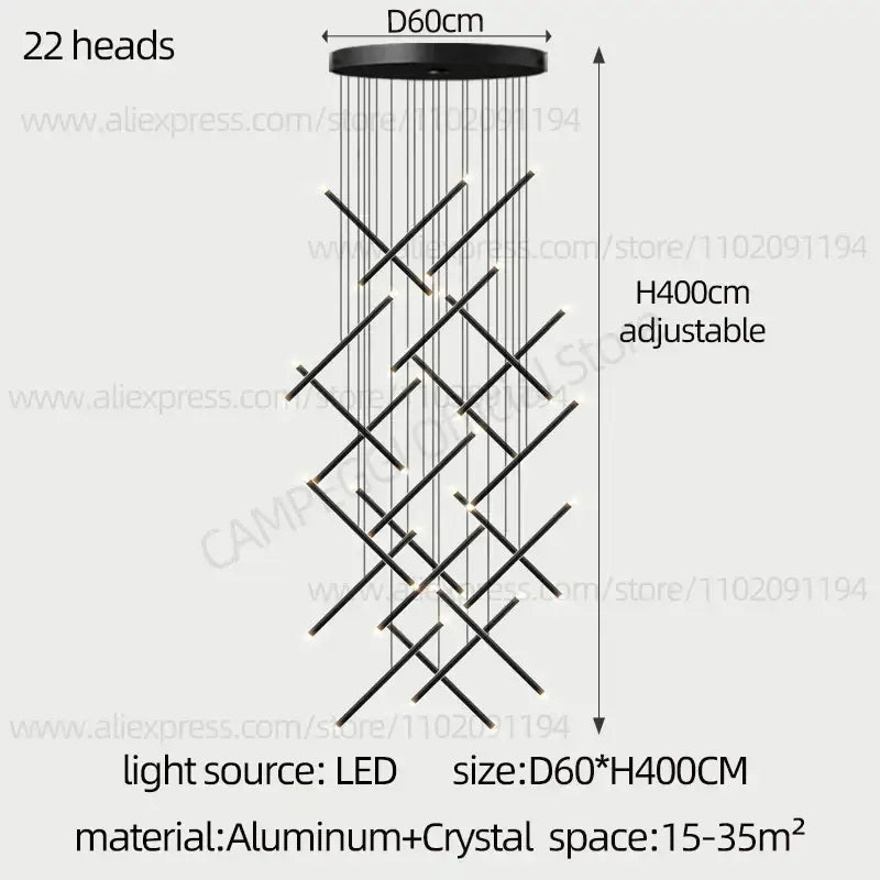 Black decorbites led staircase pendant chandelier with 22 leds in geometric pattern, made of aluminum and crystal