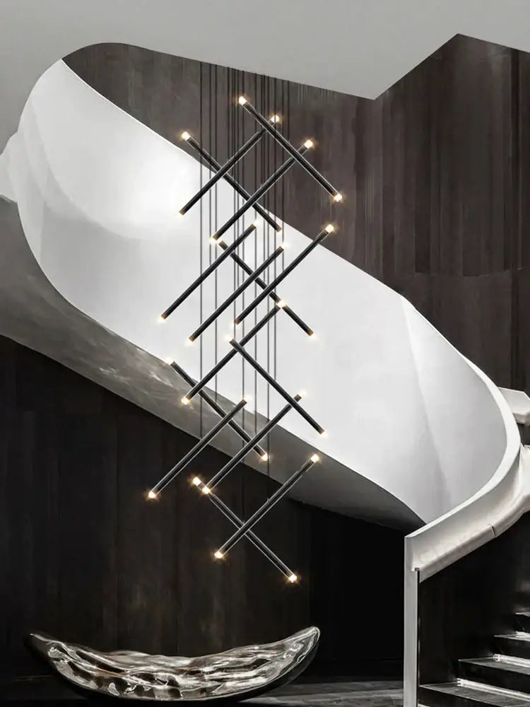 Decorbites led staircase pendant chandelier with black geometric rods and warm led lights for modern use
