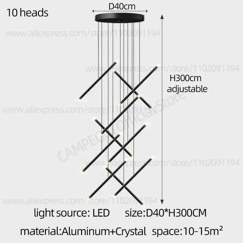 Black modern decorbites led staircase pendant chandelier with ten aluminum arms and crystal accents for staircase lighting