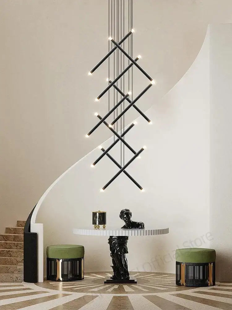 Black geometric DecorBites led staircase pendant chandelier with intersecting rods and embedded lights for modern spaces