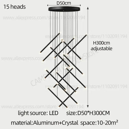 Black DecorBites LED staircase pendant chandelier with 15 LED heads in geometric aluminum and crystal design for modern spaces