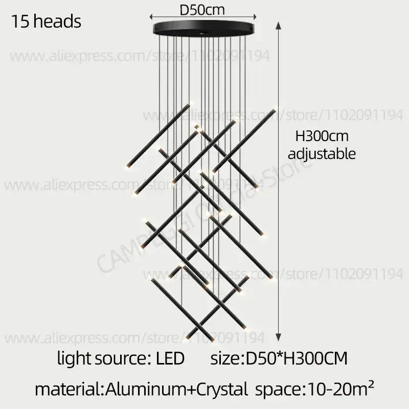 Black DecorBites LED staircase pendant chandelier with 15 LED heads in geometric aluminum and crystal design for modern spaces