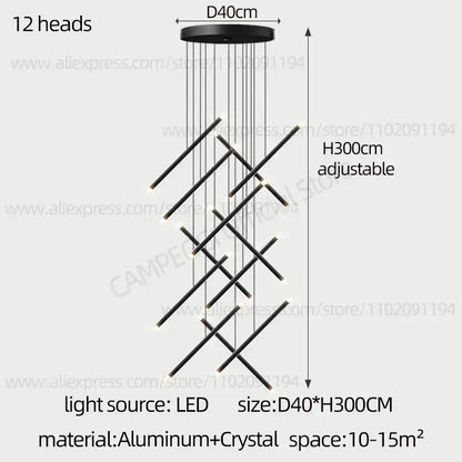Decorbites led staircase black modern aluminum and crystal pendant chandelier with 12 led heads in geometric design