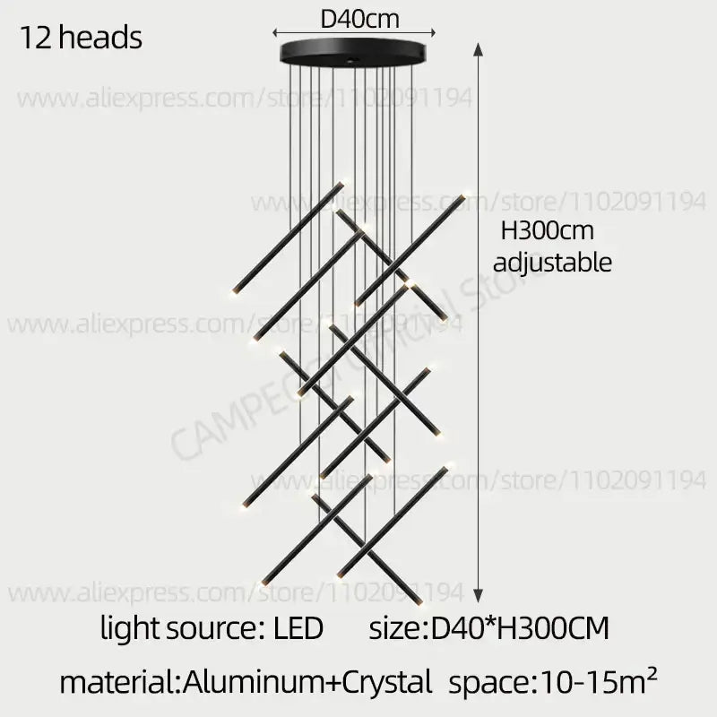 Decorbites led staircase black modern aluminum and crystal pendant chandelier with 12 led heads in geometric design