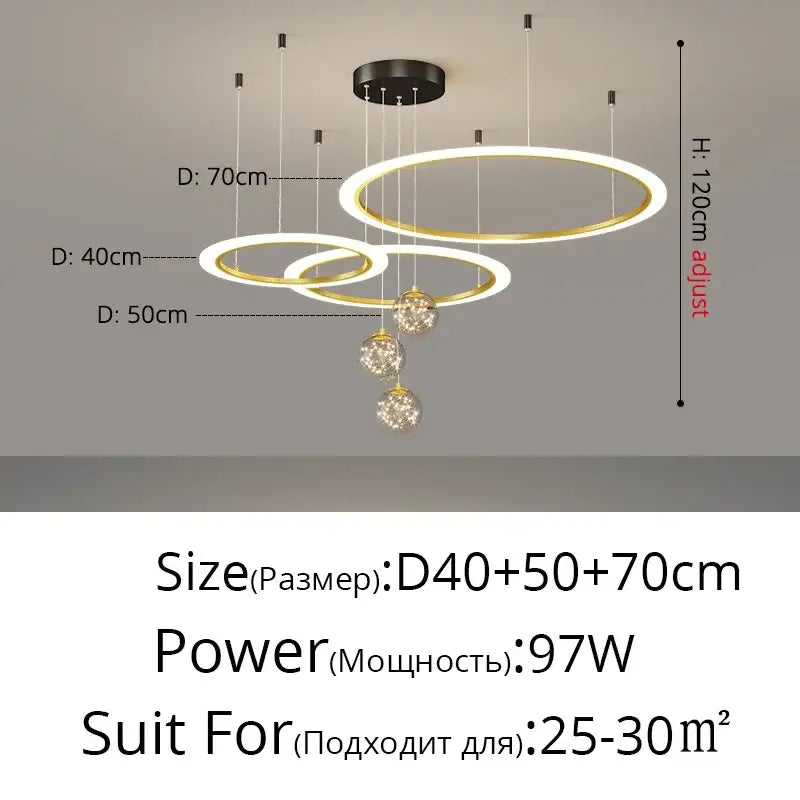Modern tiered decorbites led star chandelier with concentric gold and white rings and crystal spheres for living room decor