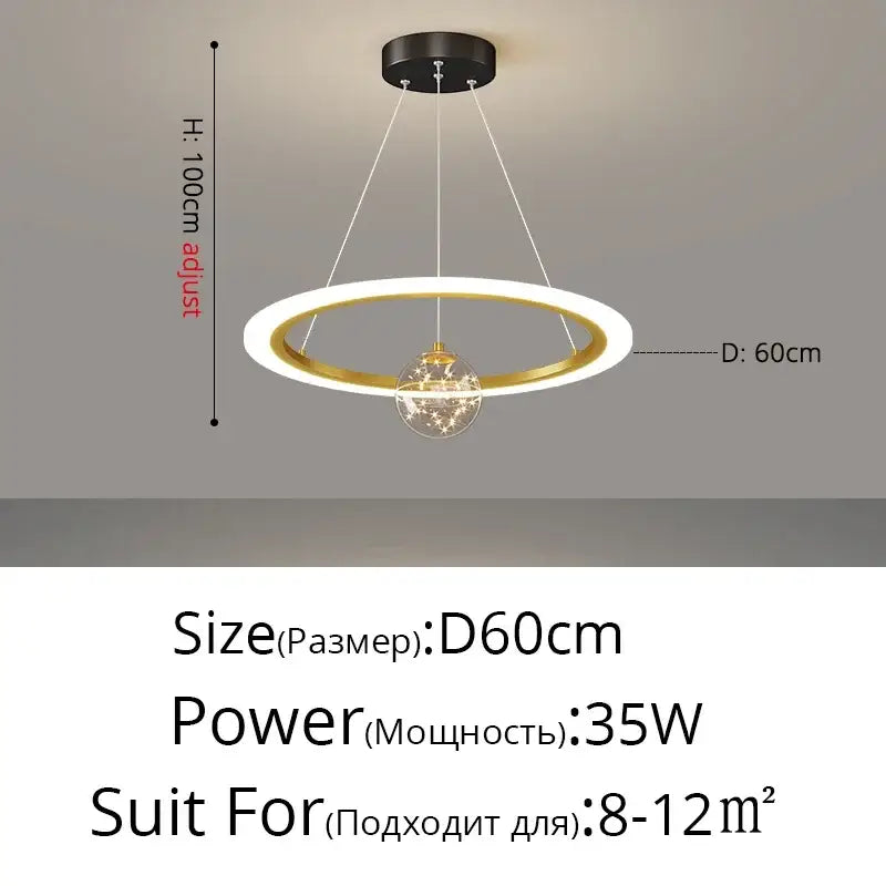 Modern minimalist decorbites led star chandelier with white and gold rings and a glowing orb for living room decor