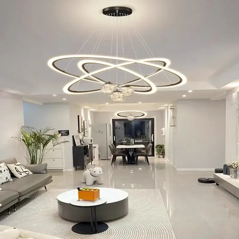 Modern black and white decorbites led star chandelier with interlocking circular rings for living room decor