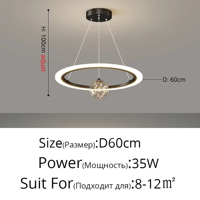 Modern black and white circular pendant led star chandelier by decorbites with central glass globe and internal led lights