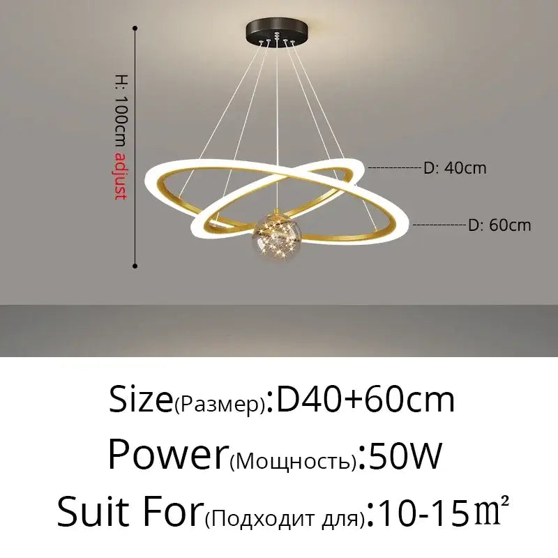 Modern two-toned decorbites led star chandelier with gold and white rings and crystal pendant for living room decor