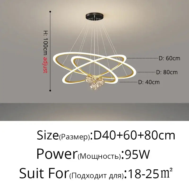 Modern gold-toned decorbites led star chandelier with three interlocking rings and crystal heart pendant for living room decor