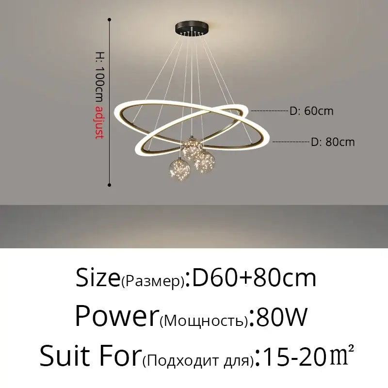 Modern minimalist decorbites led star chandelier with two white interlocking rings and three hanging crystal spheres