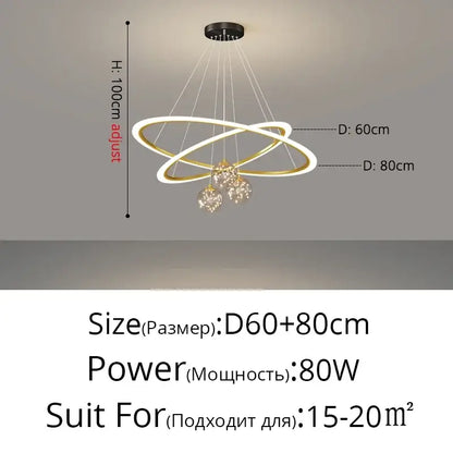 Modern double-ring decorbites led star chandelier with gold and white metallic rings and crystal pendant spheres for living room