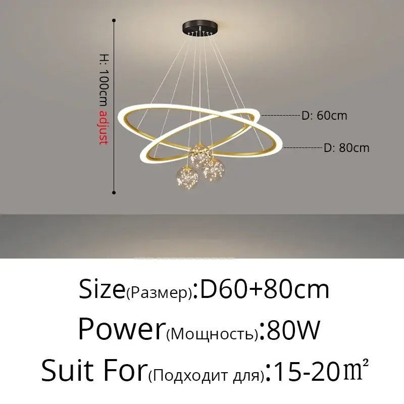 Modern double-ring decorbites led star chandelier with gold and white metallic rings and crystal pendant spheres for living room