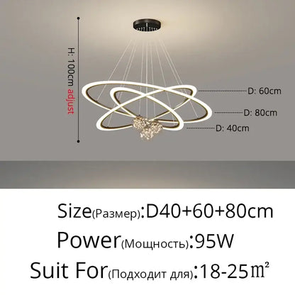 Modern minimalist decorbites led star chandelier with three white interlocking rings and crystal pendant for living room decor