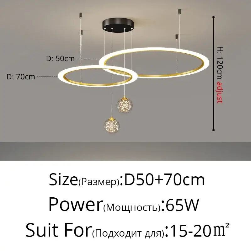 Modern two-tiered circular decorbites led star chandelier with gold and white rings and crystal-encrusted spheres for living room