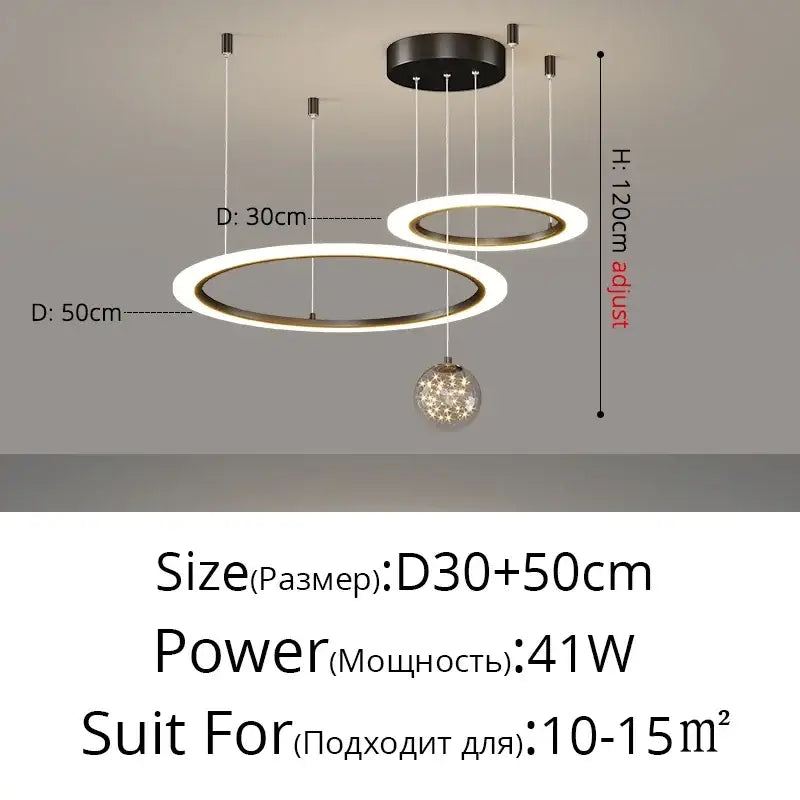 Modern minimalist decorbites led star chandelier with two concentric warm white led rings and hanging crystal sphere