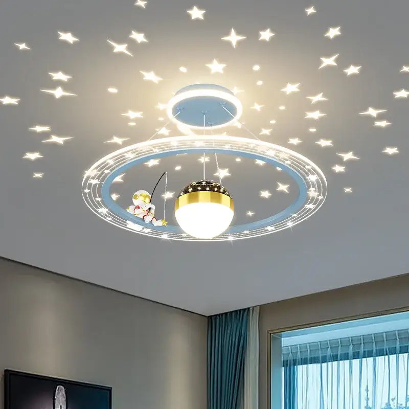 Decorbites led star chandelier with glowing spherical bulb gold and blue rings and astronaut figurine for kids room lighting