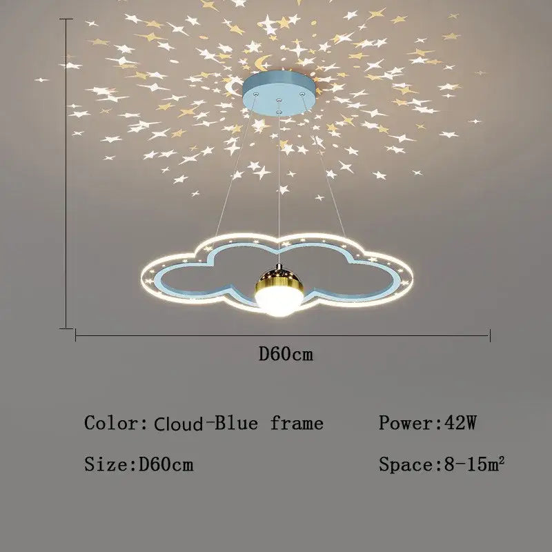 DecorBites led star chandelier cloud-shaped ceiling light with blue frame and golden bulb projecting starry patterns