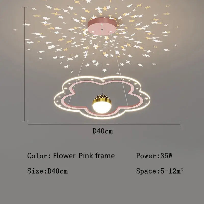 Flower-pink cloud-shaped decorbites led star chandelier with glowing white led bulb and starry projection for kids room