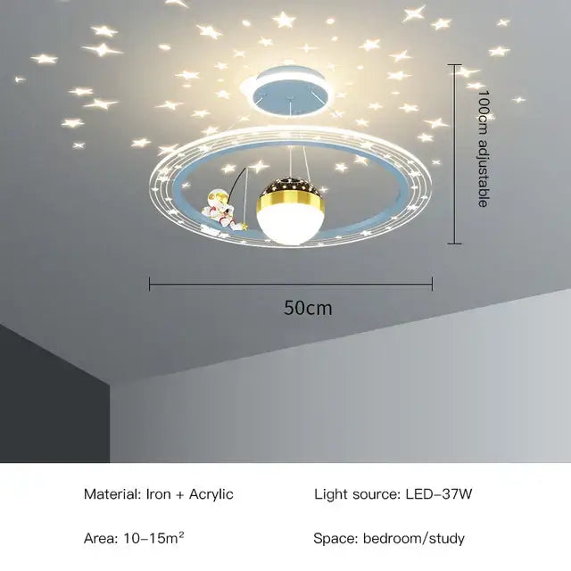 Whimsical decorbites led star chandelier featuring a cartoon astronaut fishing with a globe bulb and starry ceiling decals