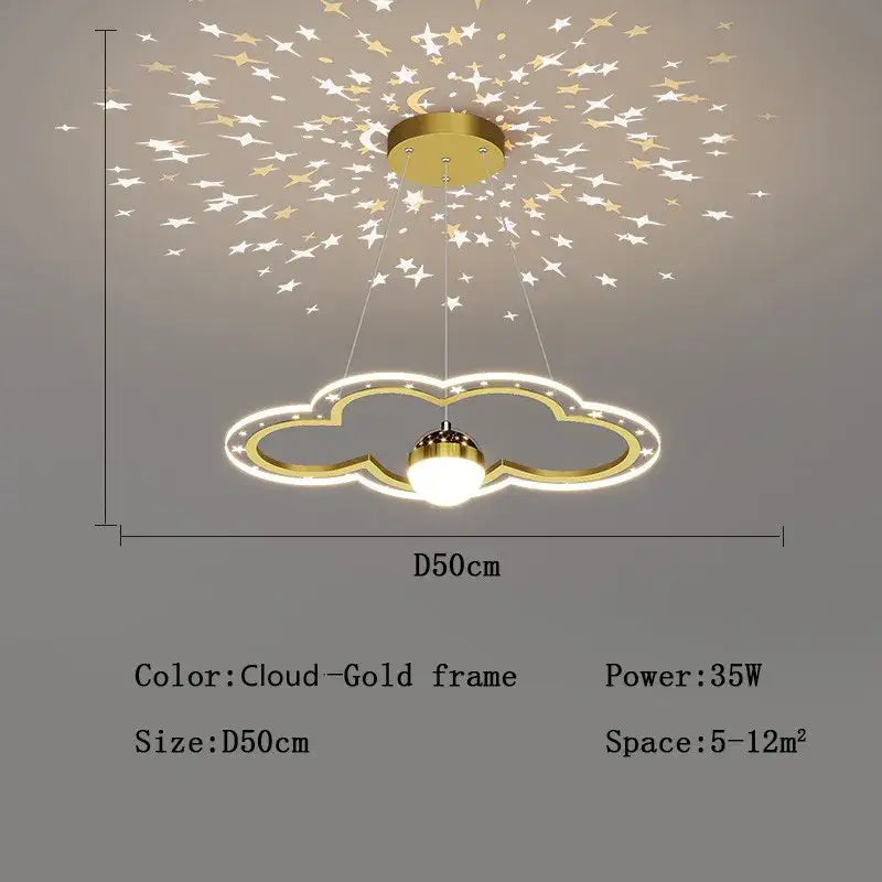 Gold-framed cloud-shaped decorbites led star chandelier with starry night projection for kids bedroom lighting fixture