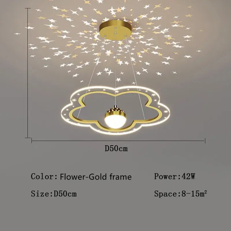 Gold cloud-shaped decorbites led star chandelier with glowing led frame and star projection for kids bedroom lighting